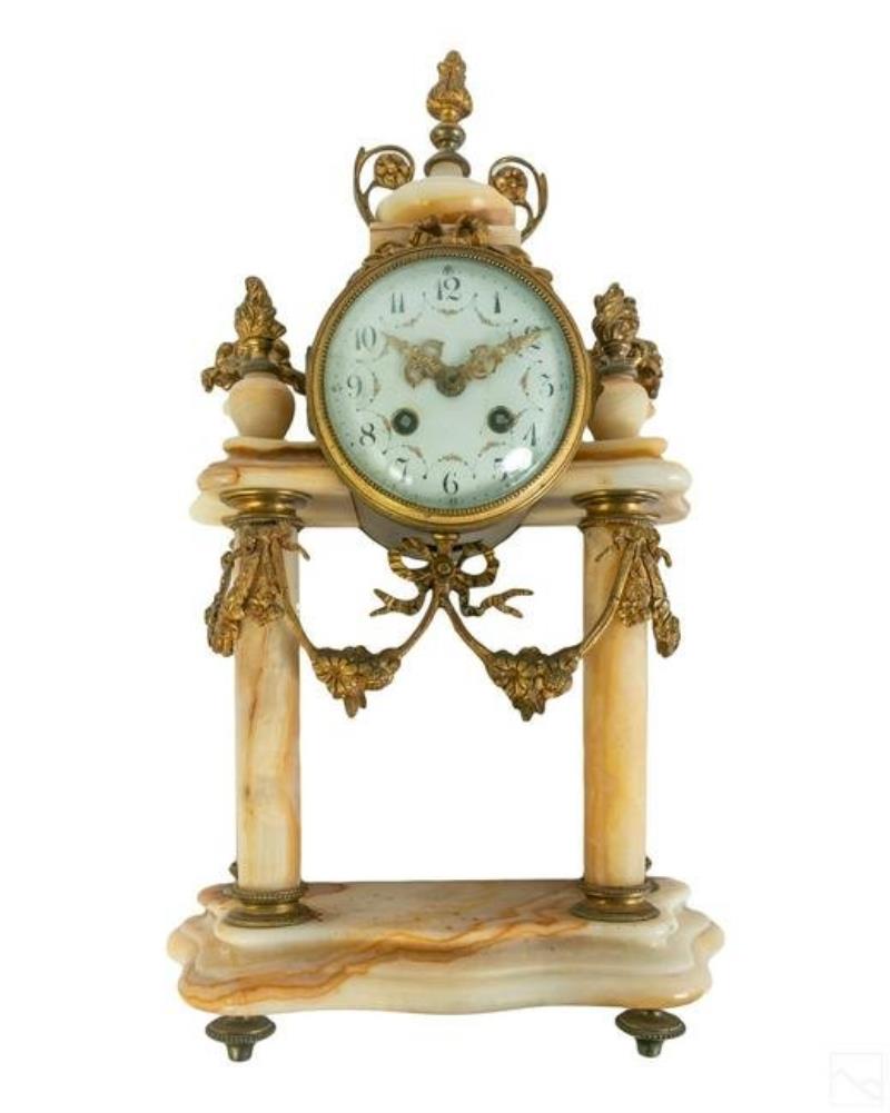 19C. Antique French Bronze Alabaster Portico Clock