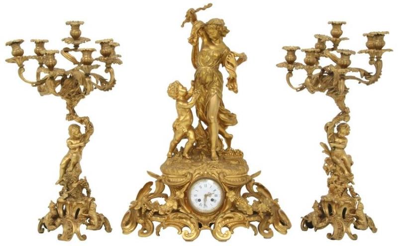 French Louis XV Style Gilt Bronze Three-Piece Clock Garniture