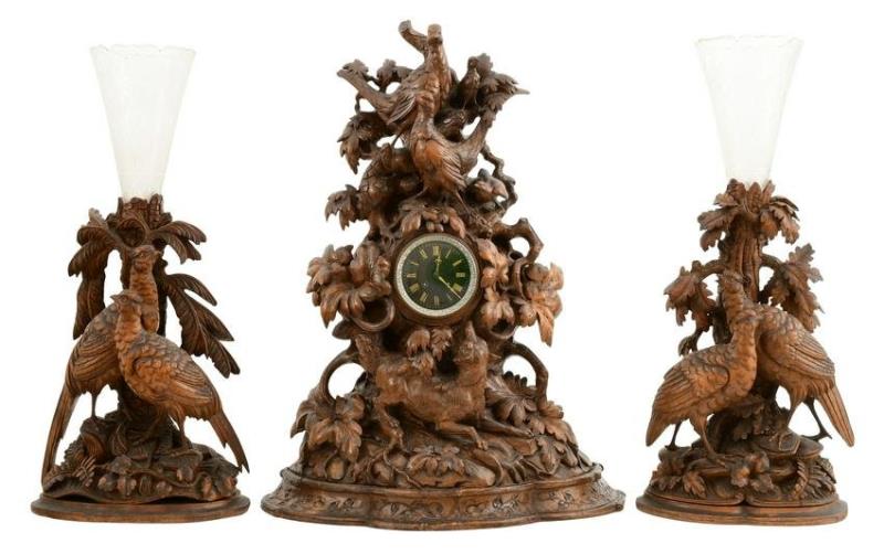Black Forest Carved Three-Piece Clock Garniture