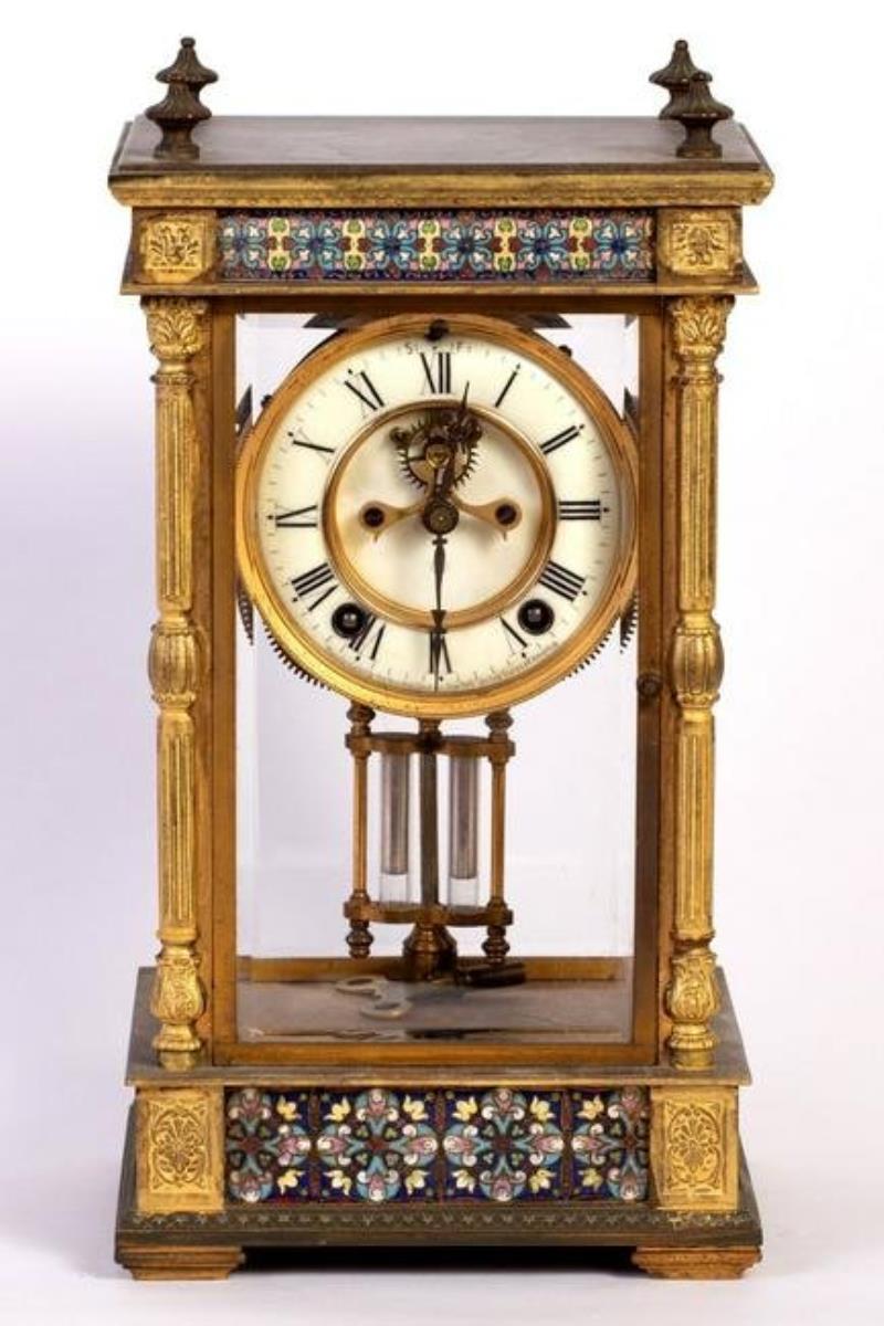 ANSONIA – Impressive Gilded Bronze Integrated w/ Champleve Enamel Fireplace Clock