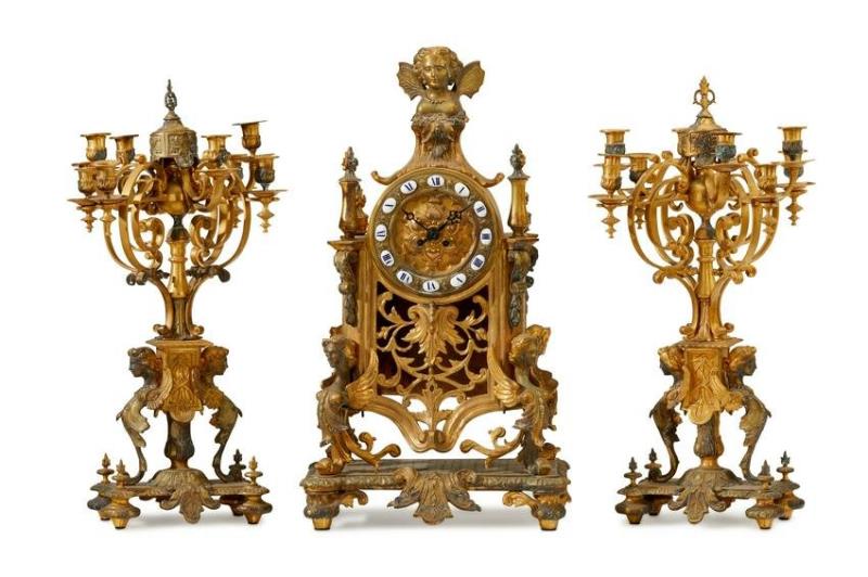 A French Neoclassical-style gilt-bronze clock set