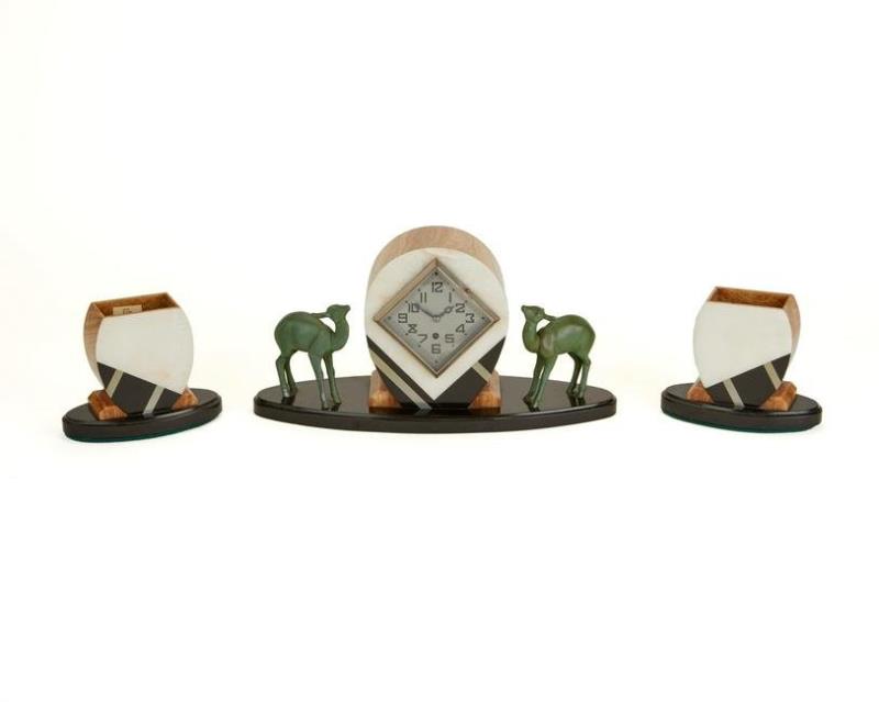 A French Art Deco marble clock and garniture set