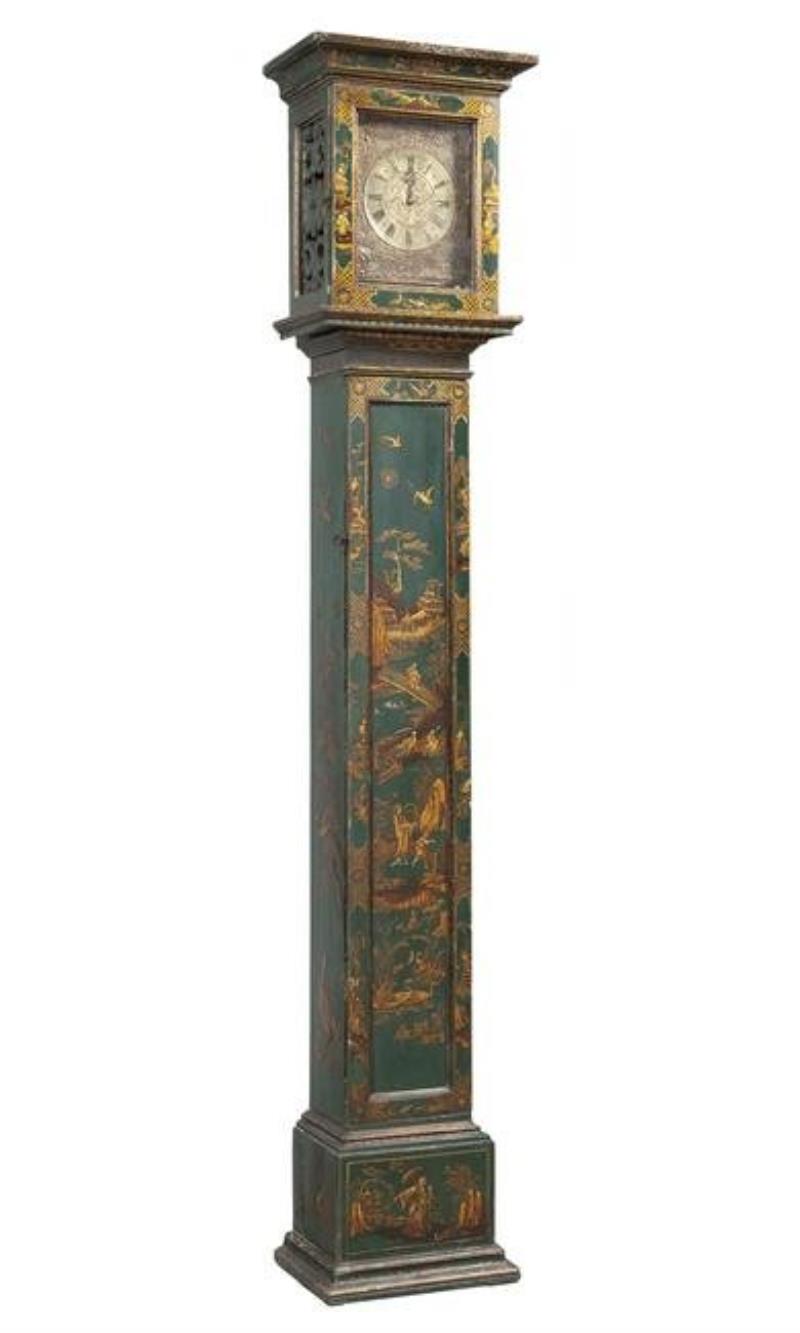 English Green Japanned and Parcel-Gilt Tall Case Clock