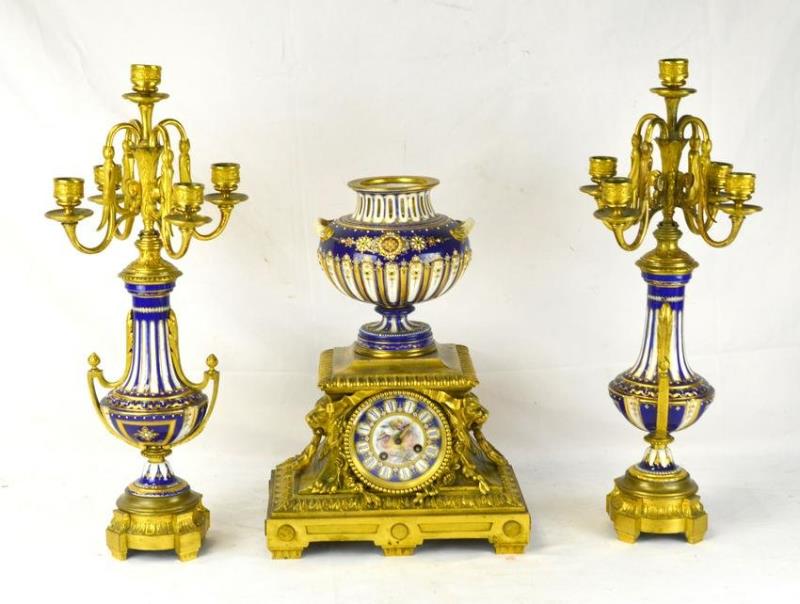 Fine Three Pcs Sevres Jeweled Bronze Clock Set