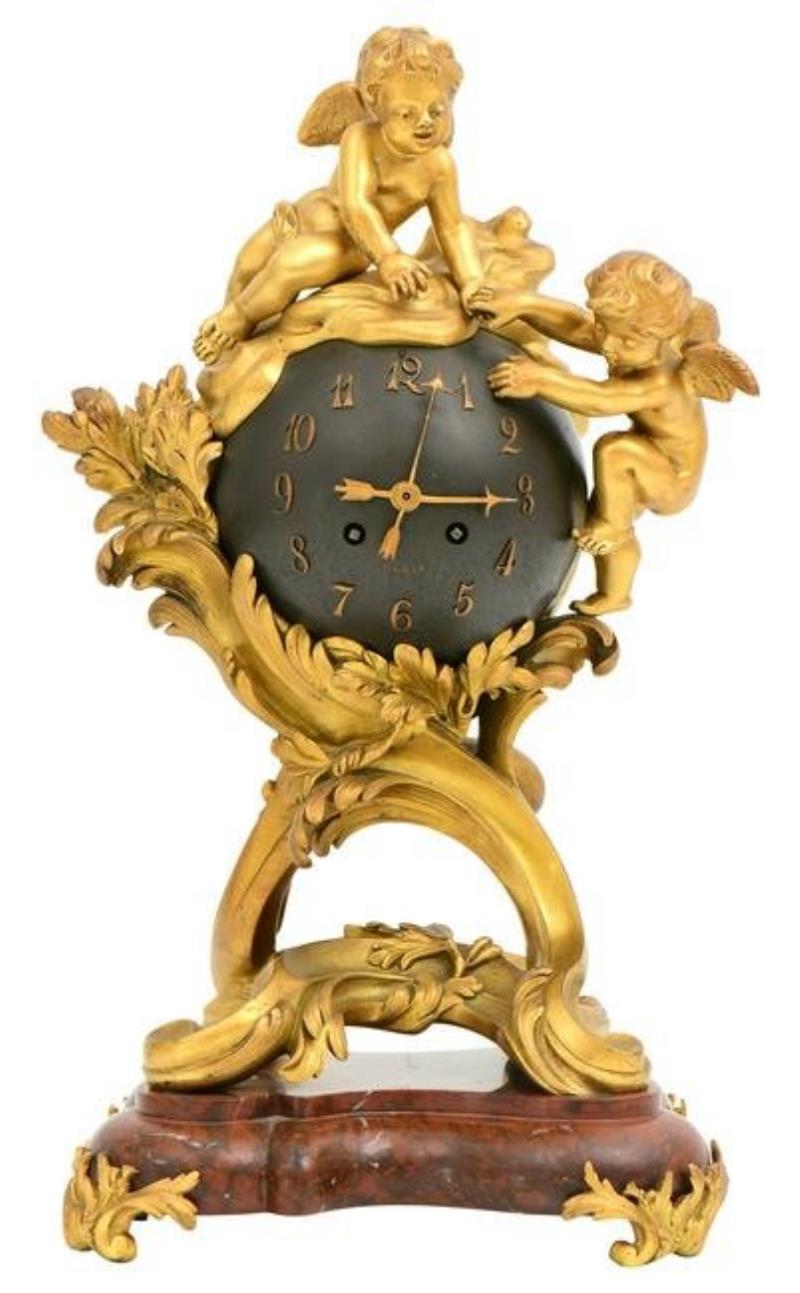 French Louis XV Style Gilt Bronze & Rouge Marble Ball Clock