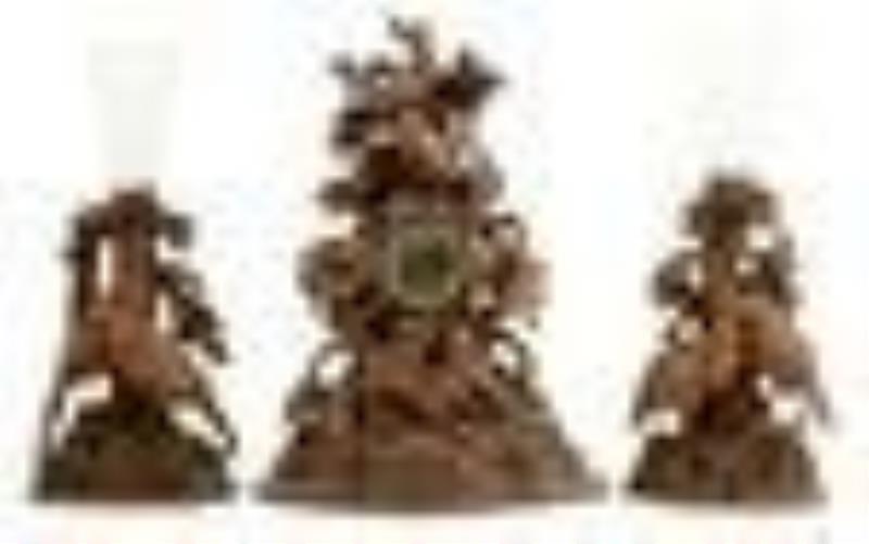Black Forest Carved Three-Piece Clock Garniture