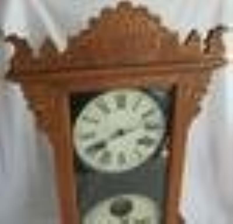 Antique Ithaca double dial calendar oak clock