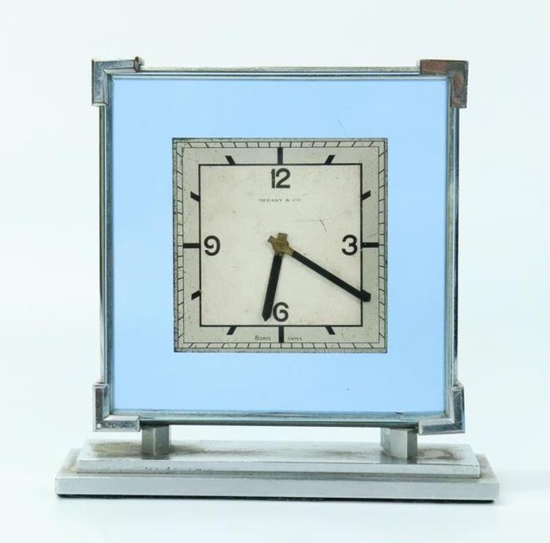 Tiffany & Co Stainless Steel Blue Glass Desk Clock