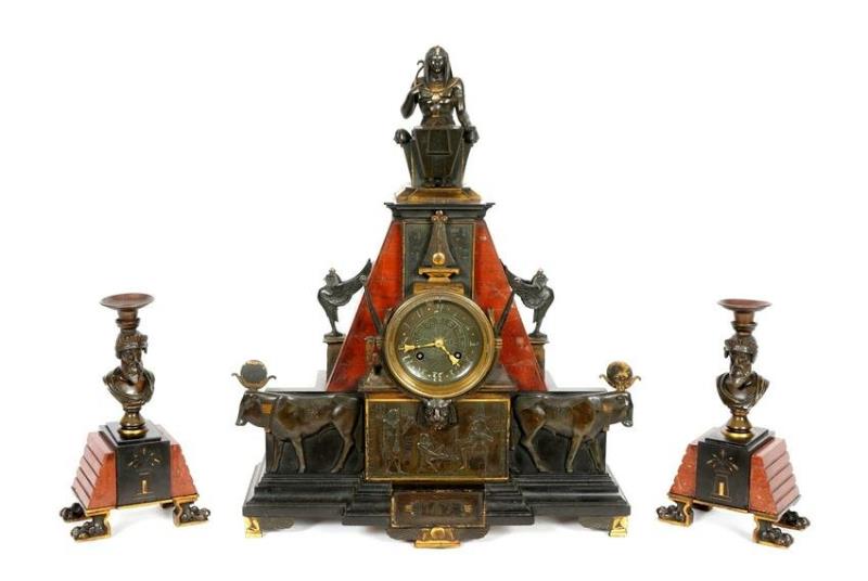 French Egyptian Revival Clock Garniture Set