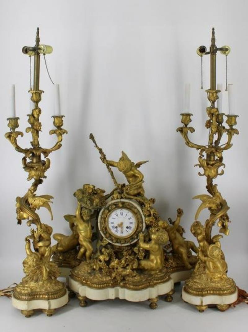 Monumental Dore Bronze French Clock Garniture Set