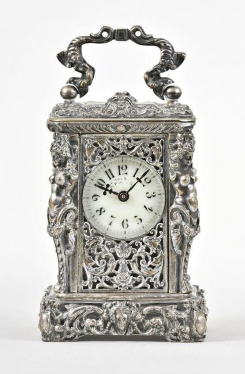 A late 19th century miniature caryatides carriage clock signed LeRoy et Fils