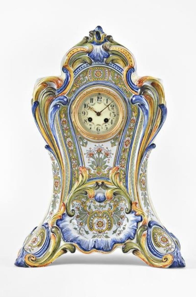 An extremely large and colorful French faience mantel clock