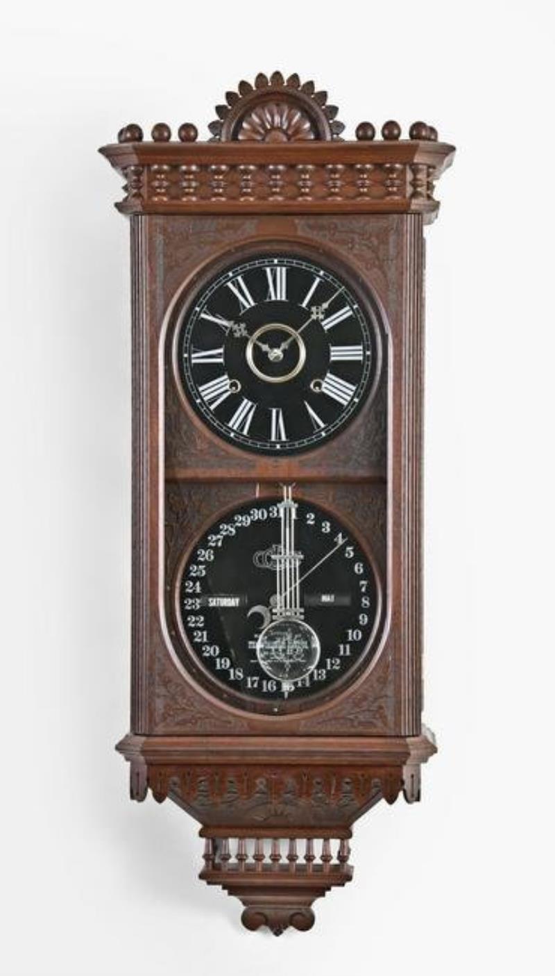 Ithaca Calendar Clock Co. No. 12 Hanging Kildare double dial calendar wall clock
