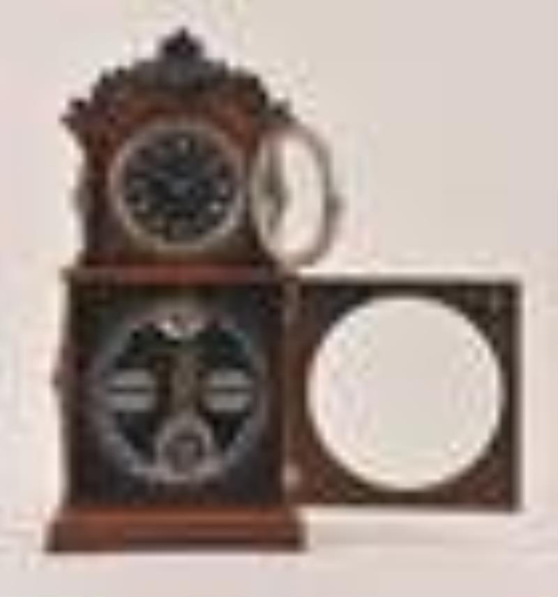 Ithaca Calendar Clock Co. 3 1/2 double dial calendar shelf clock