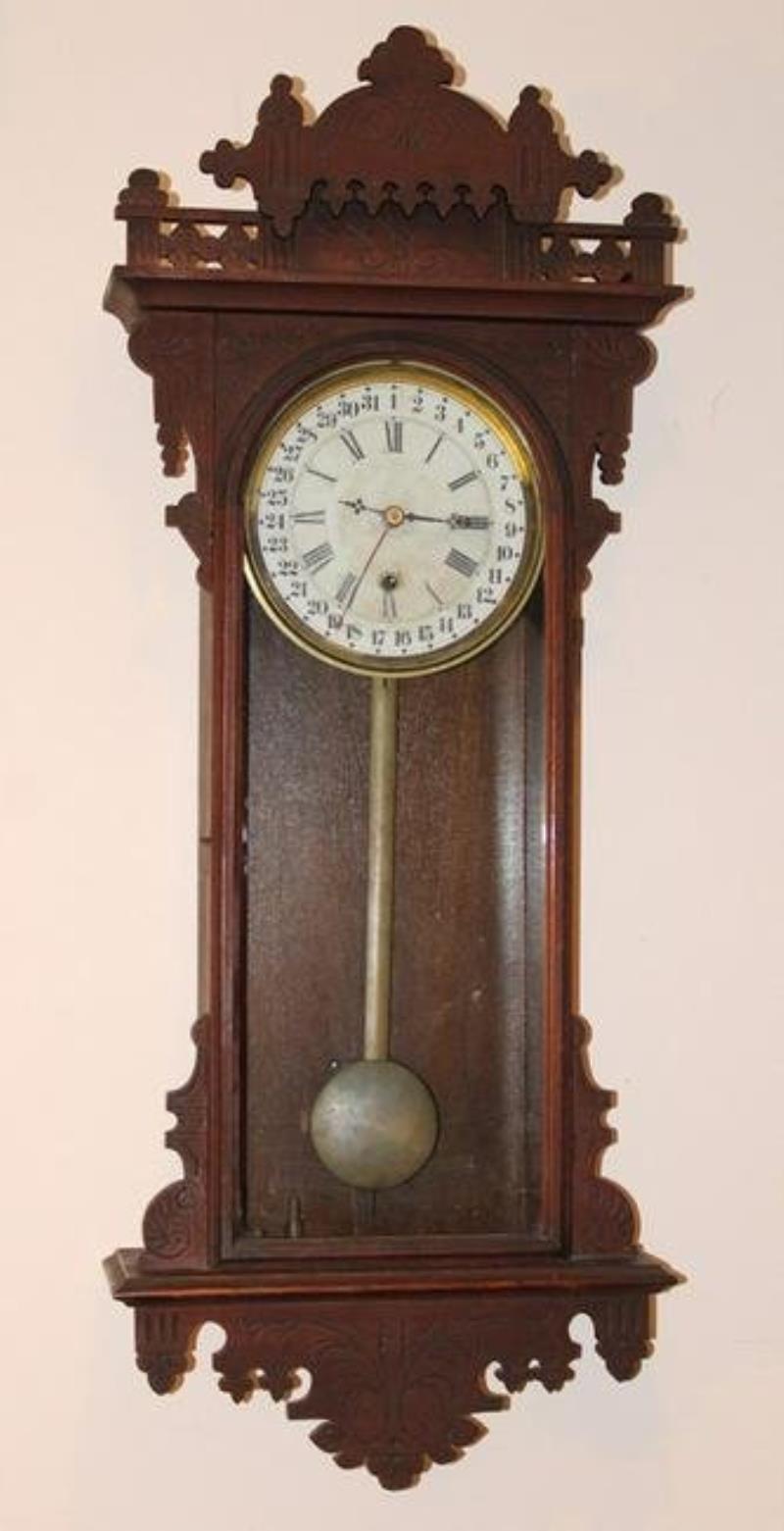 E. N. Welch Eclipse Calendar Wall Regulator Clock In Walnut