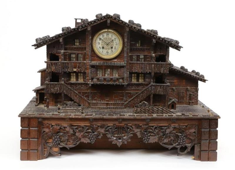 Swiss Carved Music Box and Clock
