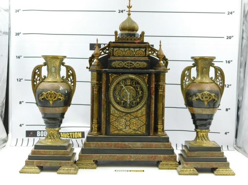 Bronze and Marble 3 Piece Cathedral Clock Set