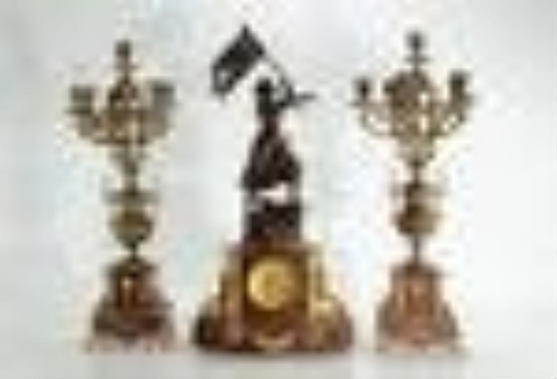 Japy Freres Gilt Brass & Marble Clock Garniture
