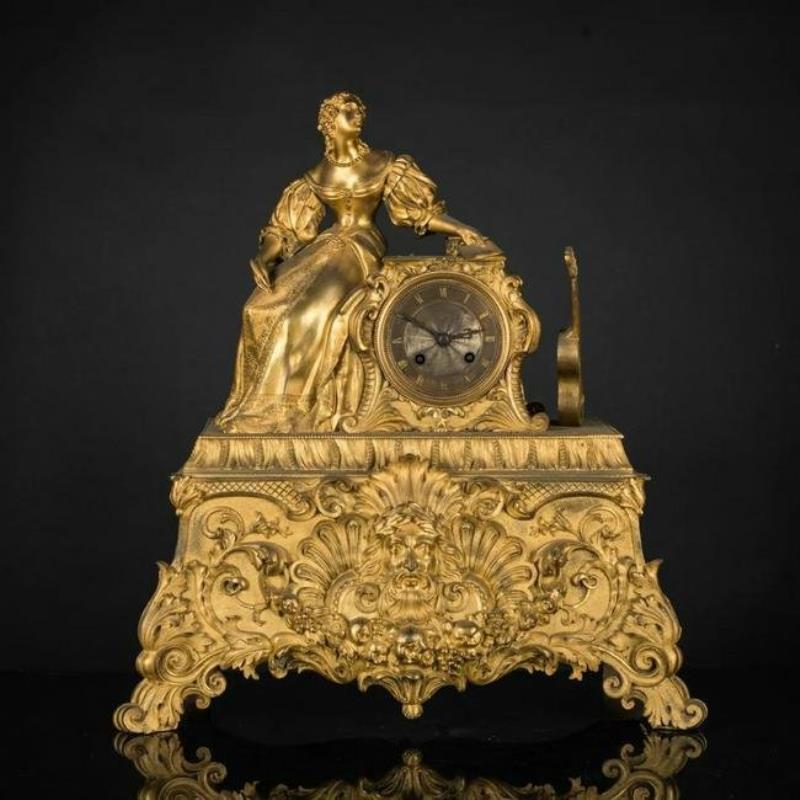 French Louis XVI Style Clock in Gilded Bronze