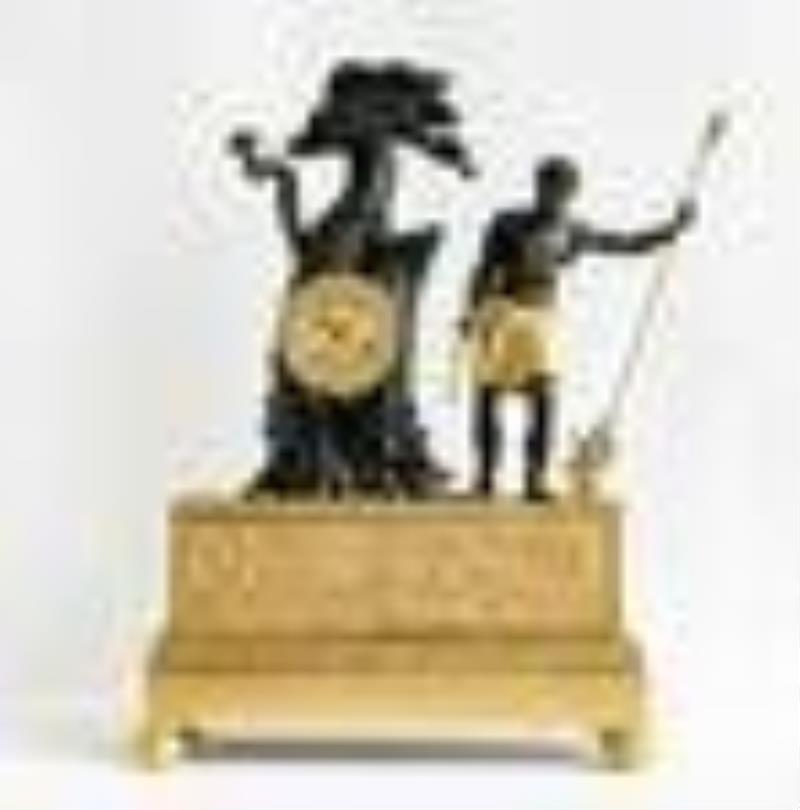 French Gilt and Patinated Bronze Figural Mantel Clock
