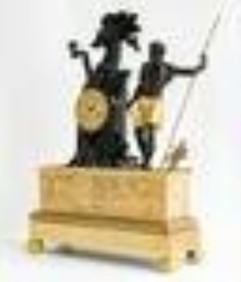 French Gilt and Patinated Bronze Figural Mantel Clock