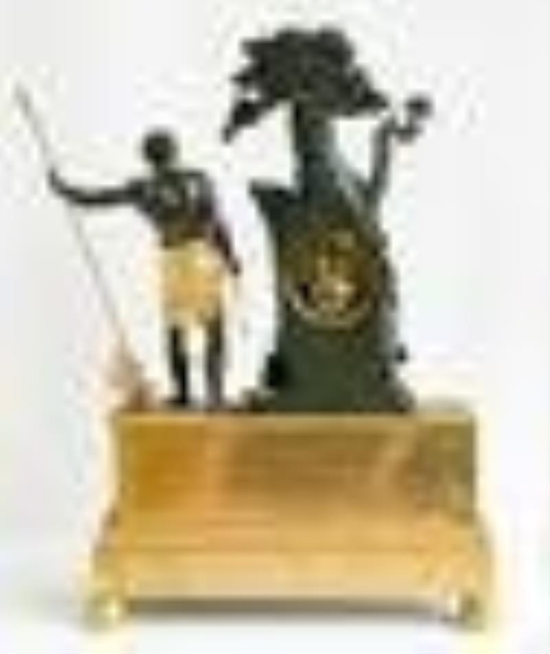 French Gilt and Patinated Bronze Figural Mantel Clock