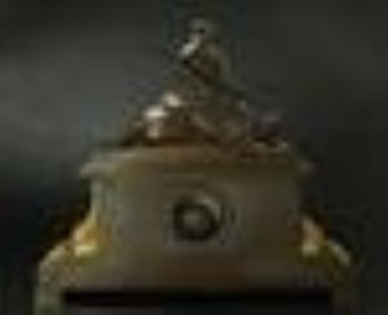 Beautiful dark patina man on horse on top of Dore bronze clock