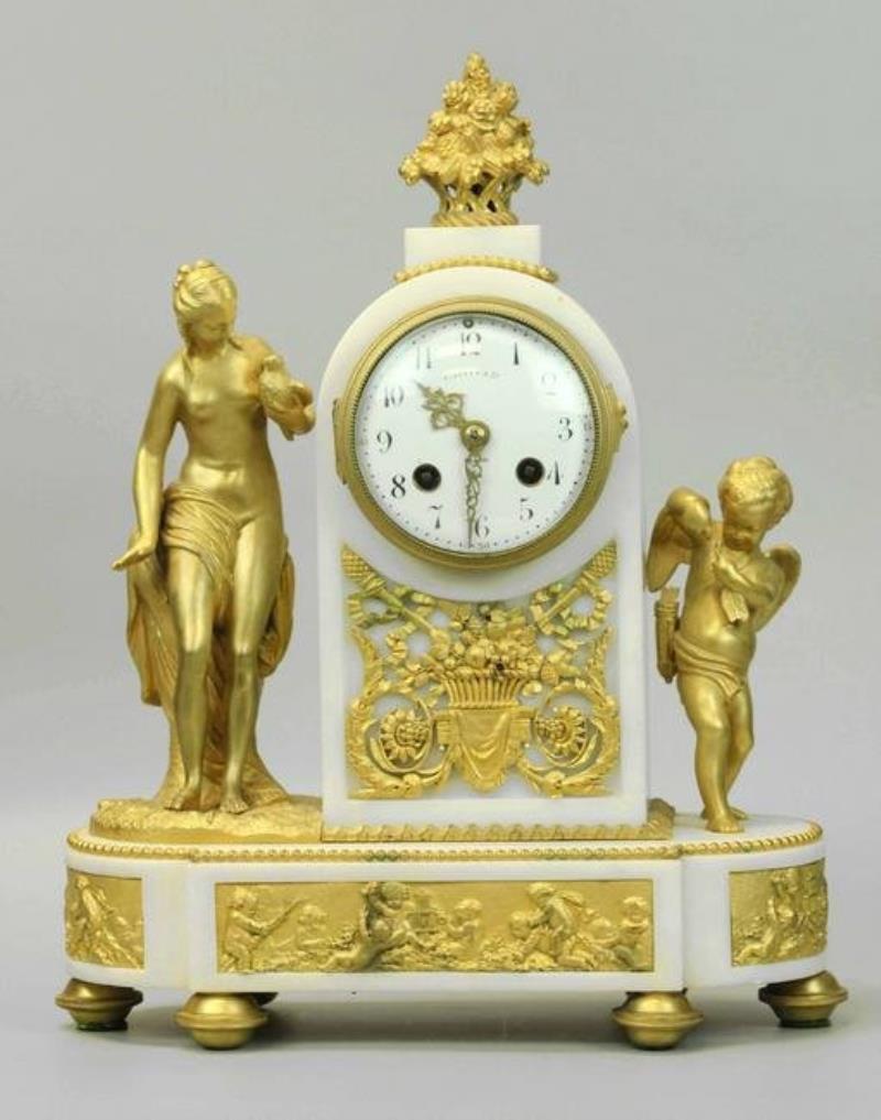 Tiffany Dore bronze and Carrara marble mantle clock,