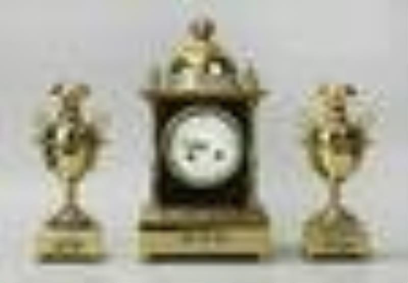 Gilded Bronze Clock, Champleve, Set of 3 Pieces