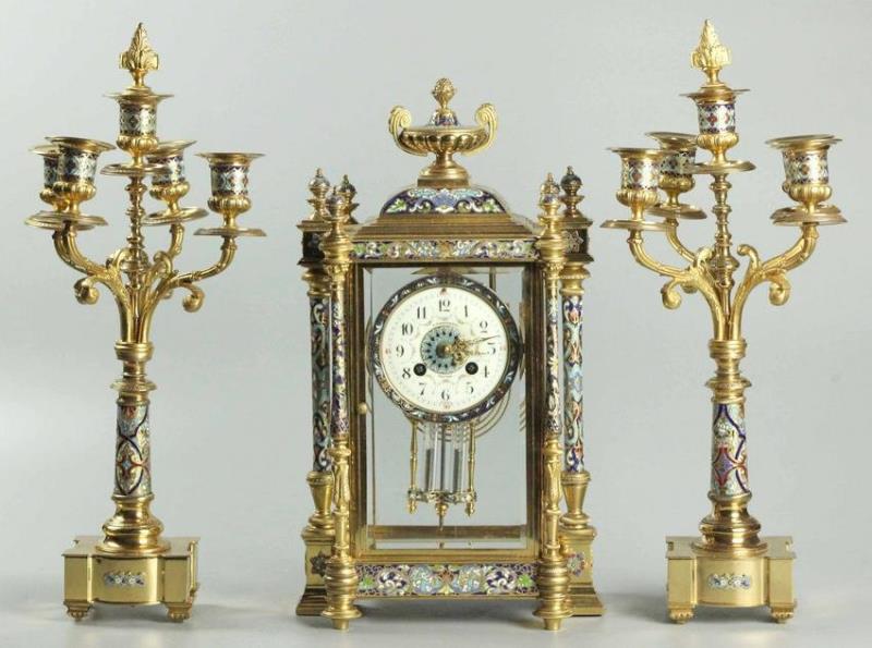 A magnificent & Unusual French Ormolu & Cloisonne/Champleve enamel Clock Garniture