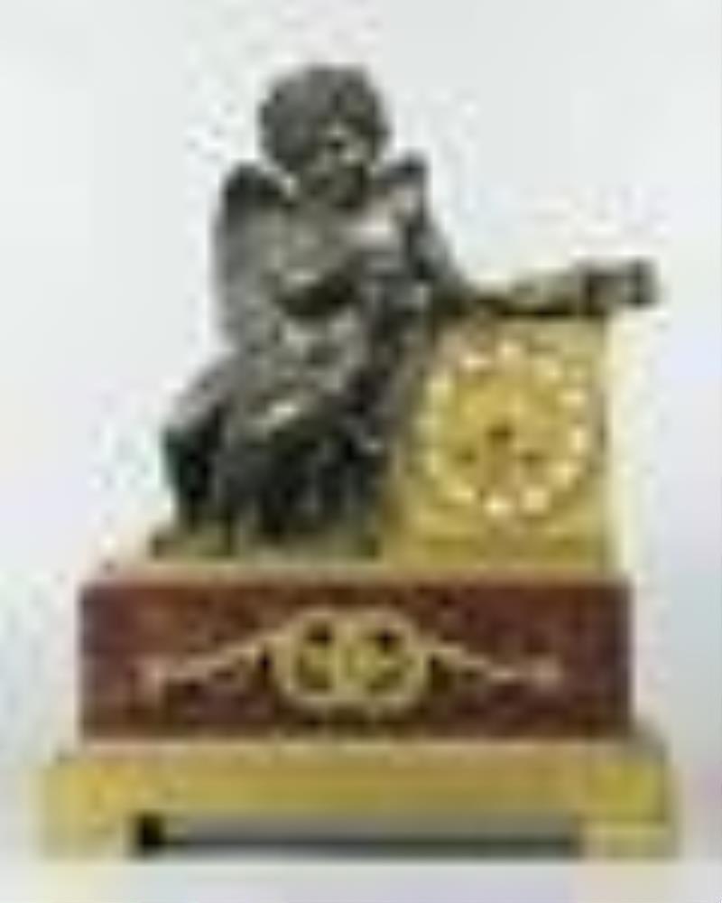 19th Century Dore Bronze Dark Patina & Rouge Marble Clock