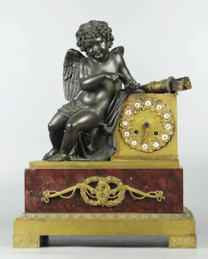 19th Century Dore Bronze Dark Patina & Rouge Marble Clock