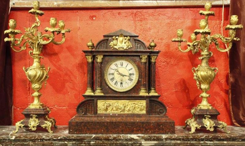 19th Century Dore Bronze & Rough Marble Clock Set,Three Pieces