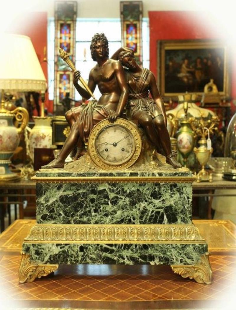 19th C Dore Bronze Mounted Marble Mantel Clock with Sculpture Group,Good Condition