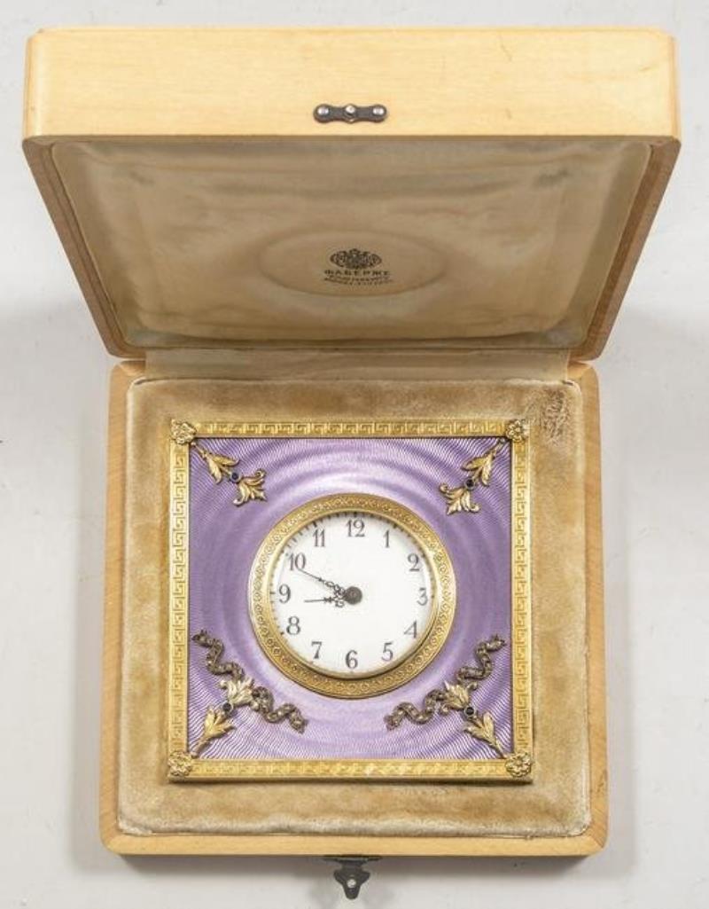 Russian Enameled Gilt Silver Clock, Faberge Style