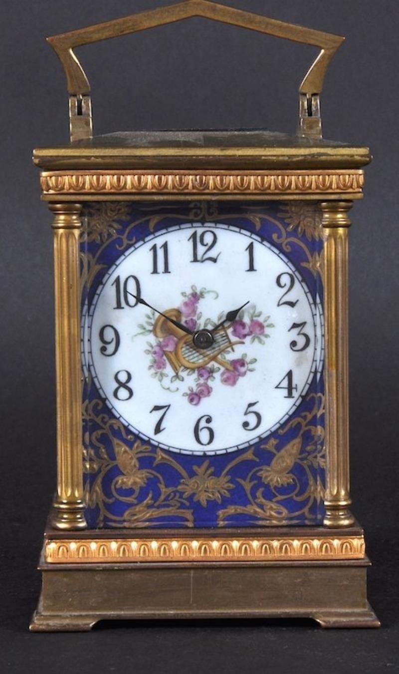 A LARGE SEVRES AND BRASS STRIKING CARRIAGE CLOCK. 5.5