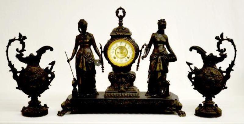 Ansonia Double Statue T&S Clock & 2 Urns