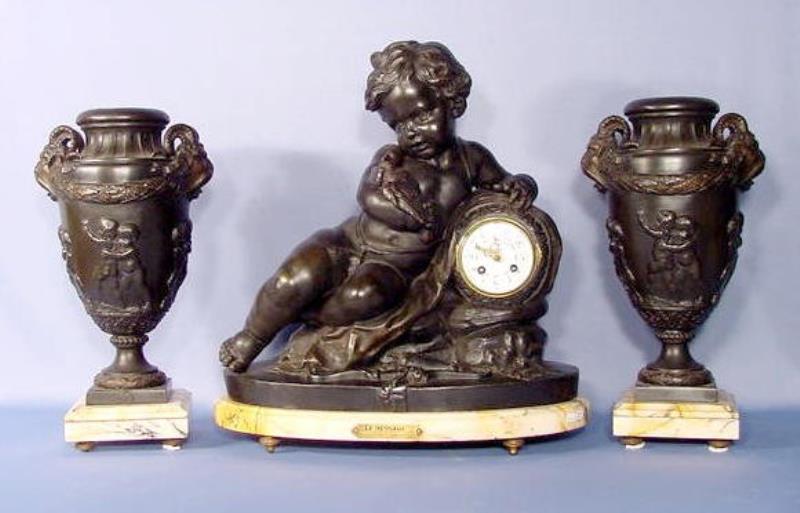 3pc French Garniture Clock Set w/Cherub & Urns