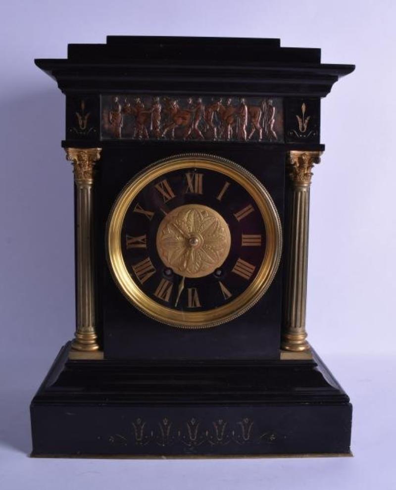 A LARGE 19TH CENTURY FRENCH BLACK SLATE MANTEL CLOCK of