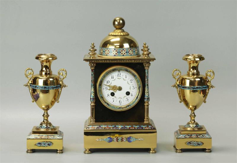 Champleve, Set of 3 pieces, Gilded Bronze Clock