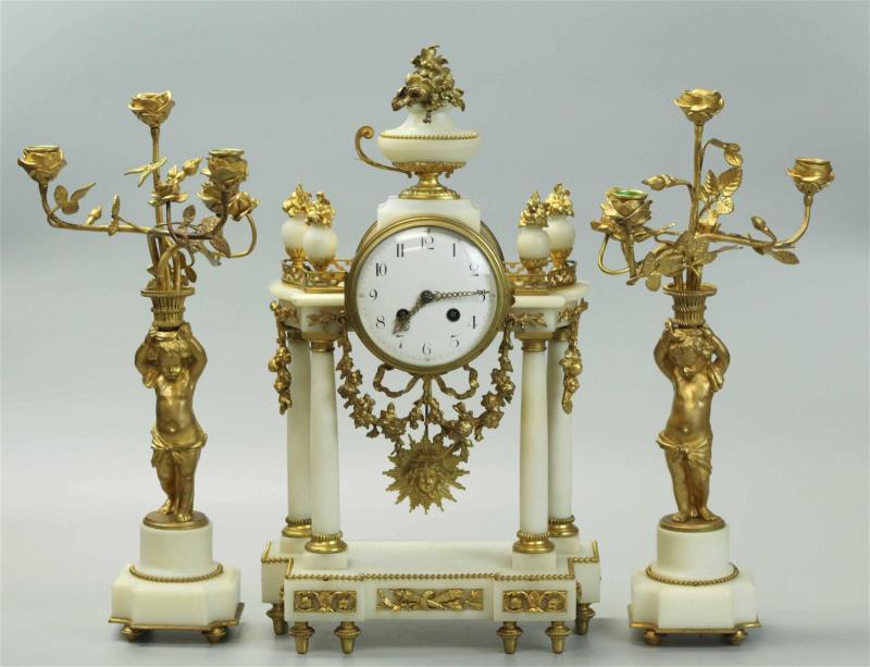 19th Century Dore Bronze & Carrera Marble Clock with 2