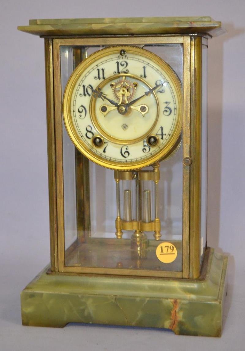 Antique Ansonia Green Onyx Crystal Regulator Clock