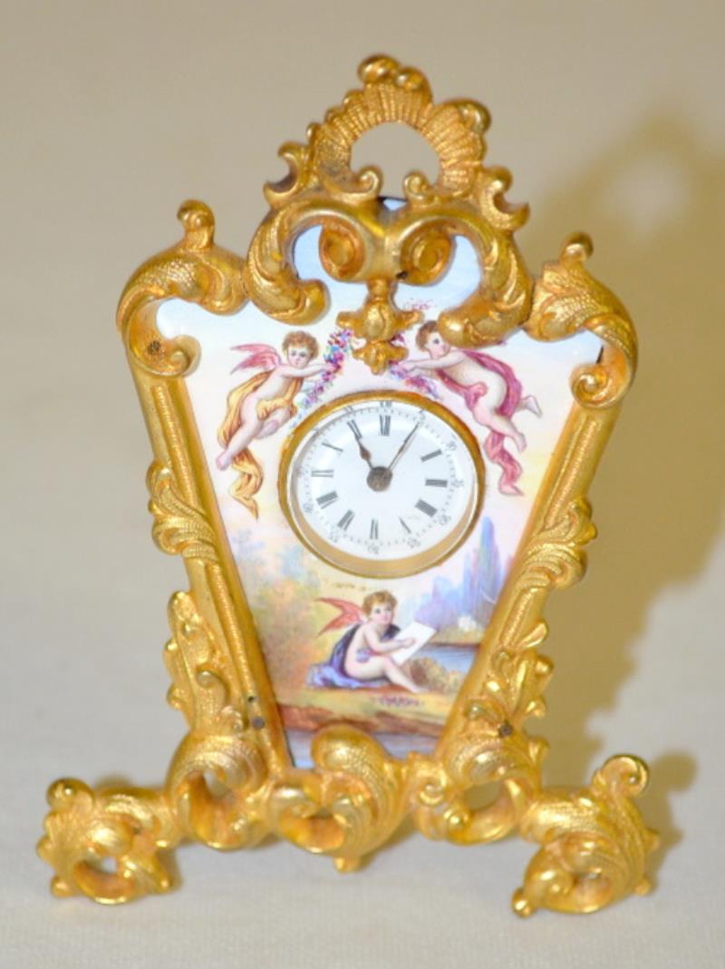 Antique Miniature Porcelain & Metal Desk Clock