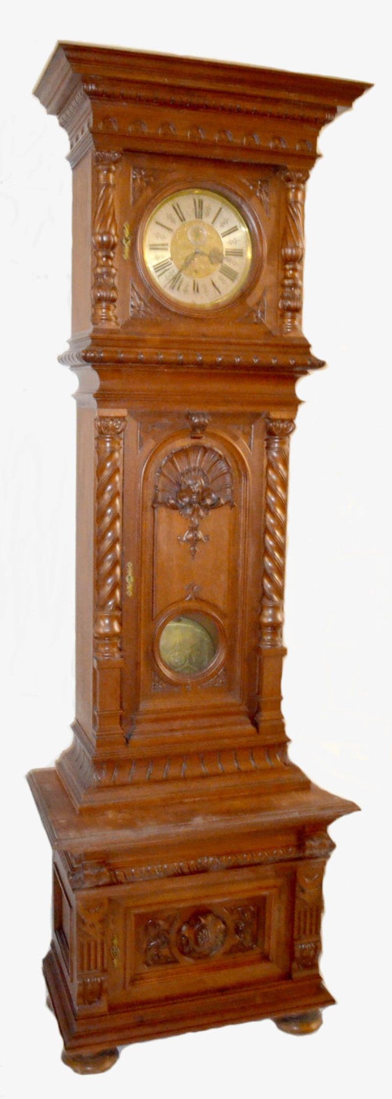 Antique Carved 3 Weight Walnut Tall Case Clock