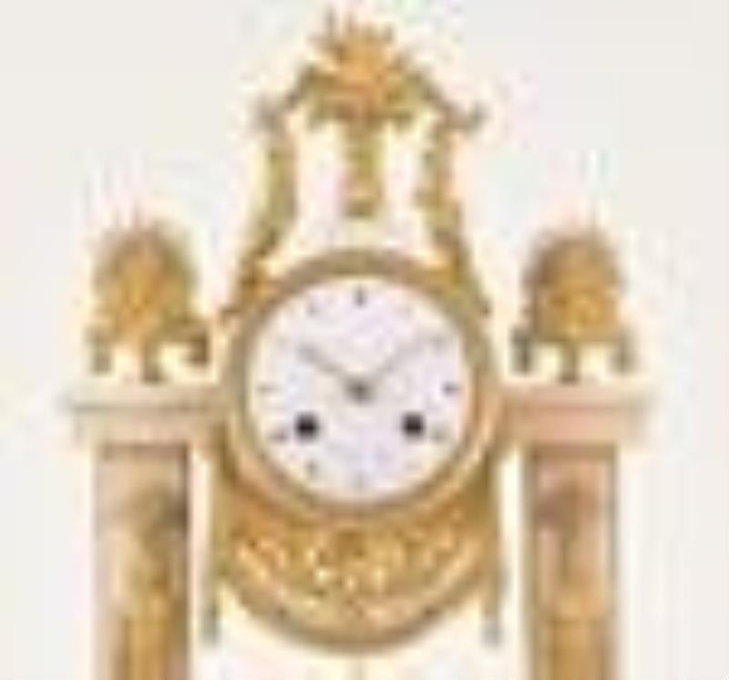 A good late 18th century French ormolu mounted white marble portico clock signed Baullier & Guyerdet