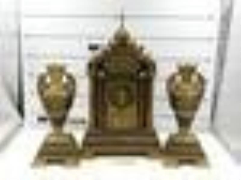 Bronze and Marble 3 Piece Cathedral Clock Set