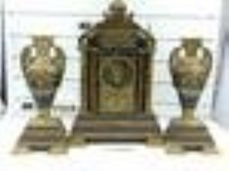 Bronze and Marble 3 Piece Cathedral Clock Set