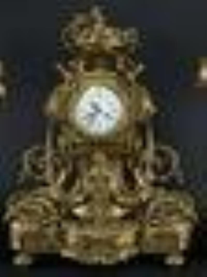 19th C French Gilt Bronze Lion Mask Clock Set