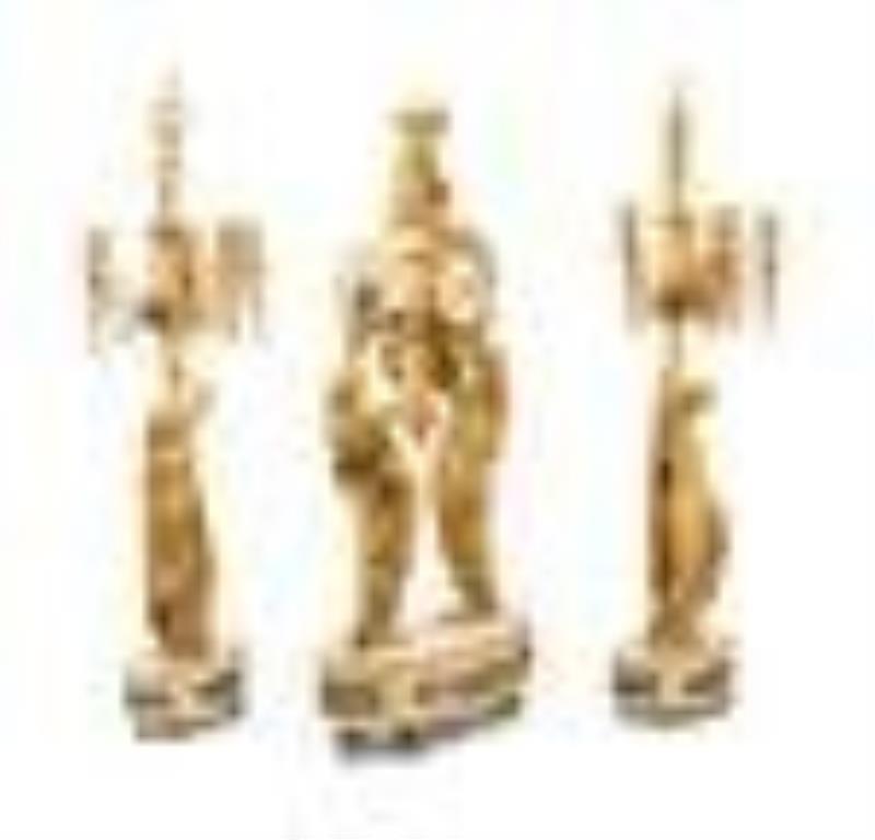 A Louis XVI Style Gilt Bronze and Marble Figural Clock Garniture