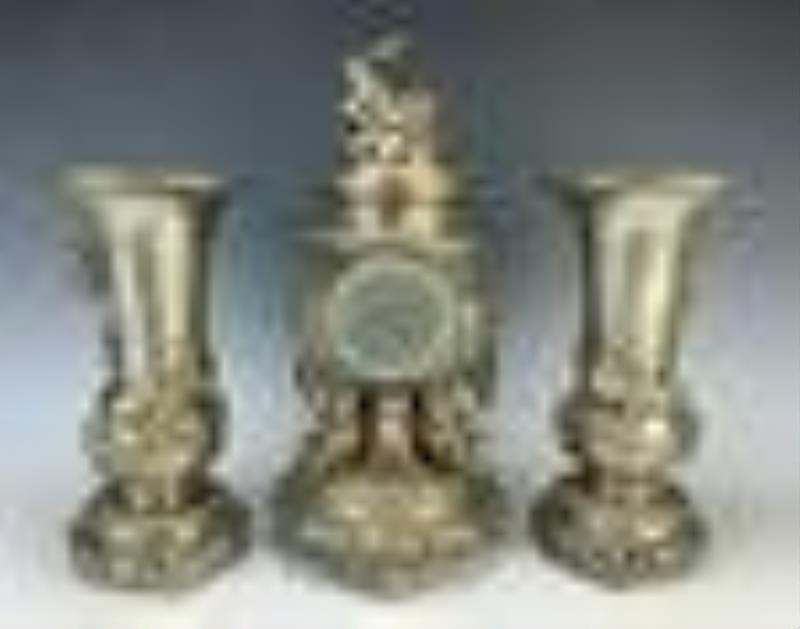 Antique Silvered Bronze Chinese Clock Garniture